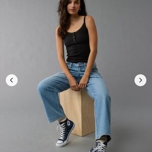 AE Main Squeeze Lace Trim Henley Cami Spaghetti Straps Black Womens Size M